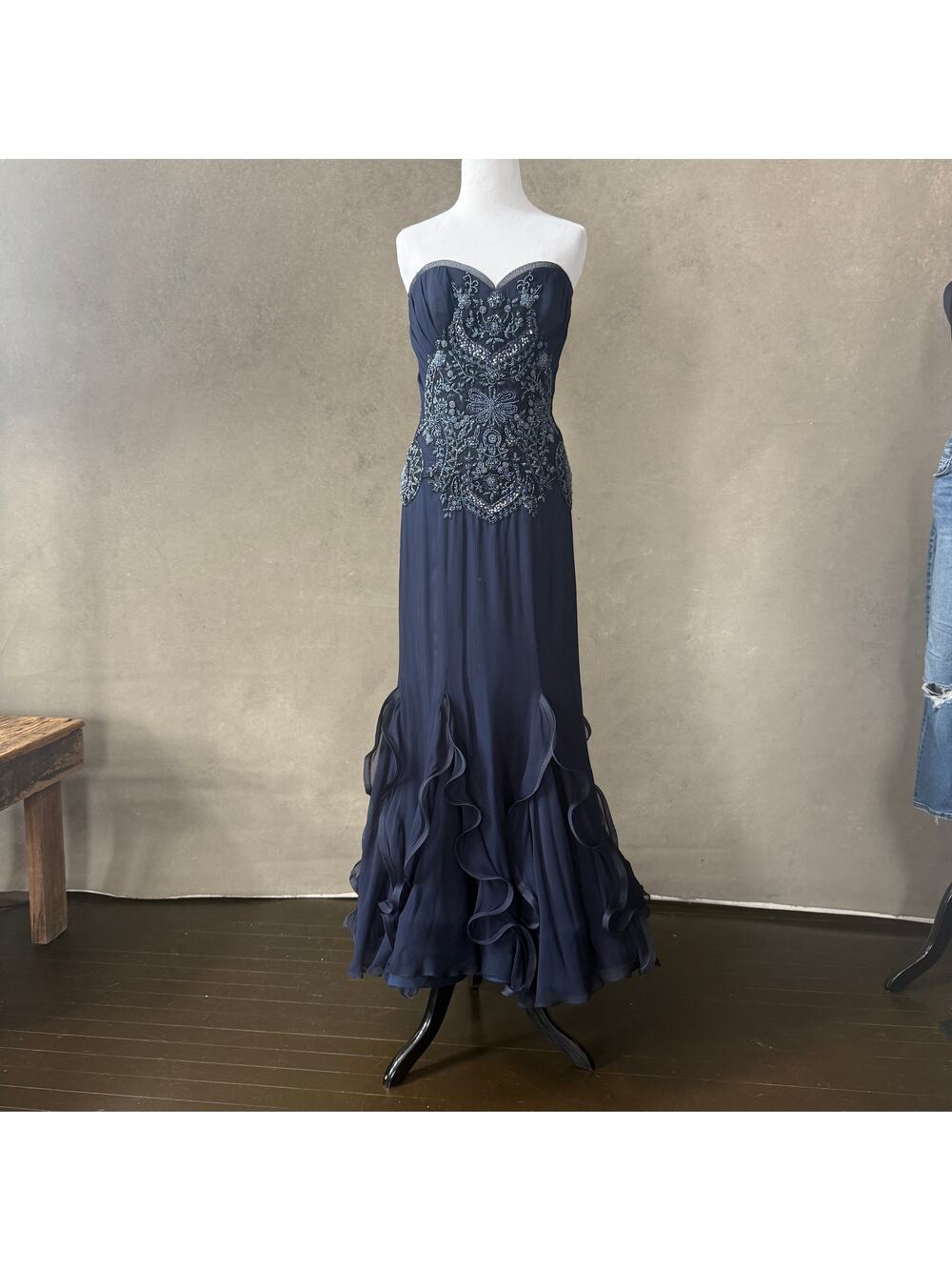 Alex Teih Couture Hand Beaded Navy Strapless Gown Size 12 — Retail $3K+